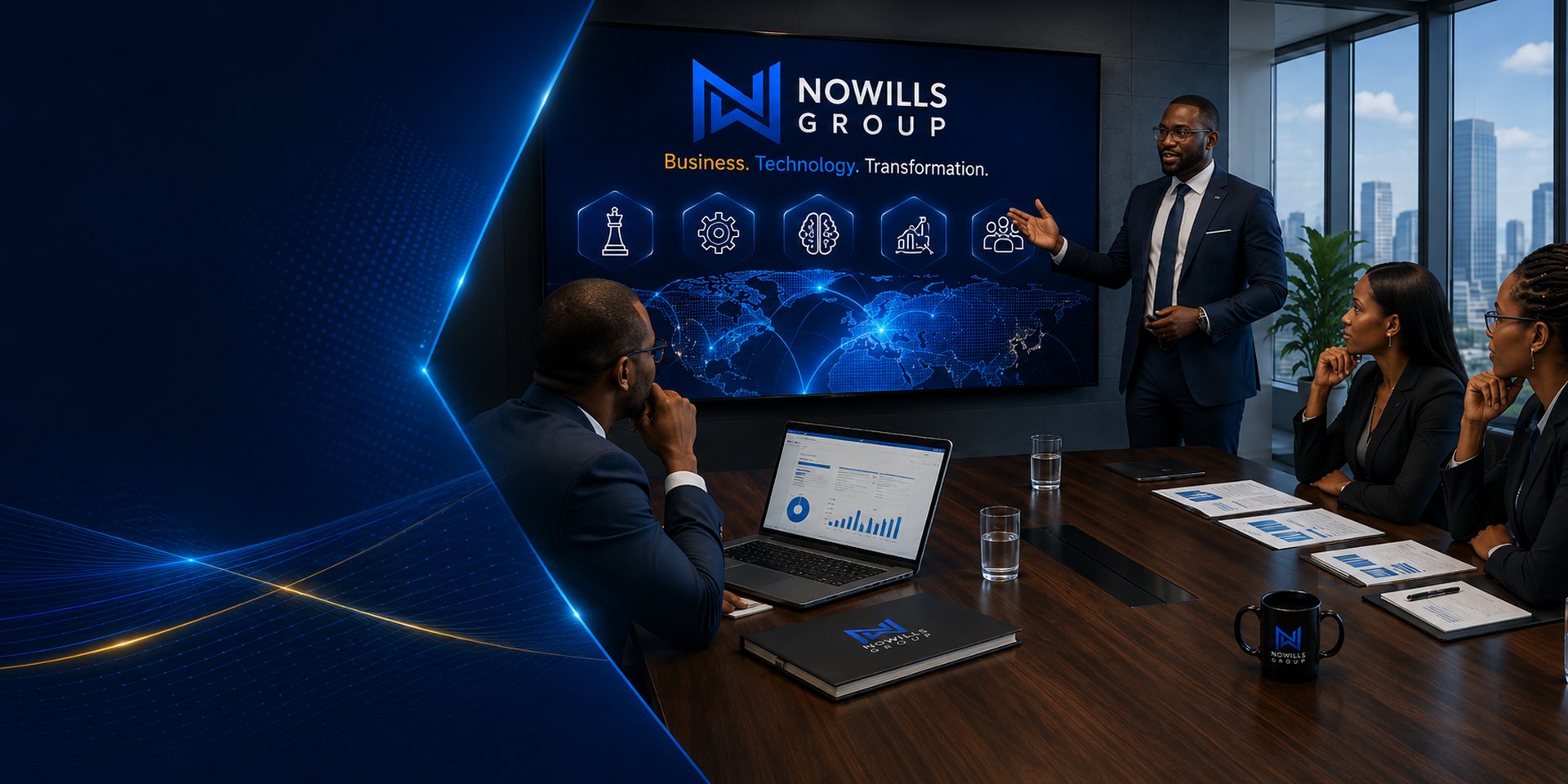 Nowills consultants and executives at a digital strategy table